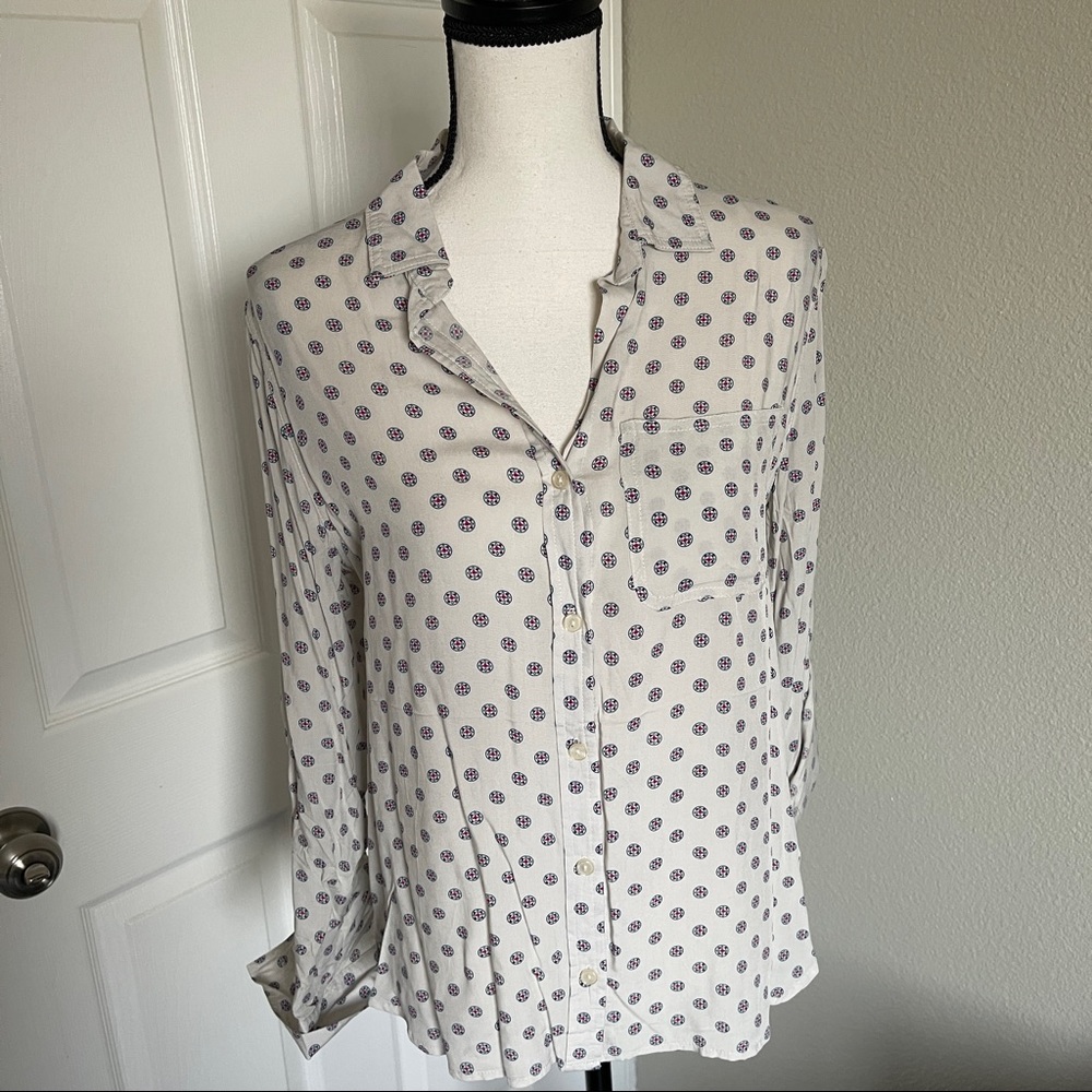 Velvet Heart Cream Button-Down Shirt with Purple Dot Print